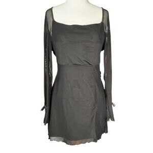 Y2K Black Mini Dress Sheer Sleeves Bow Detail Long Sleeve Goth Grunge Large